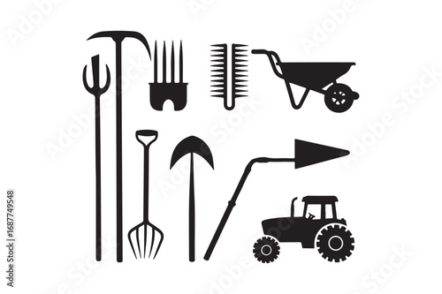 Collection of silhouette farm and garden tools and equipment