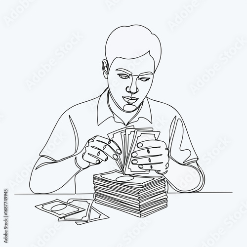 Counting cash, man carefully counts his money, and neatly stacks it. Counting cash ensures financial security and organization. Shows value counting cash for business purposes.