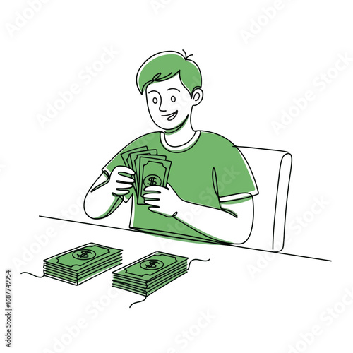 Man counting cash and holding money at table, focusing on financial wealth. Counting cash is a way to manage finances. Counting cash to track expenses and ensure budget is accurate.