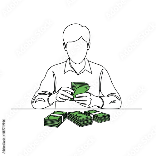 Illustration counting cash, with stacks of green banknotes on table, personified wealth. Counting cash by businessman in shirt represents financial success, savings and banking.