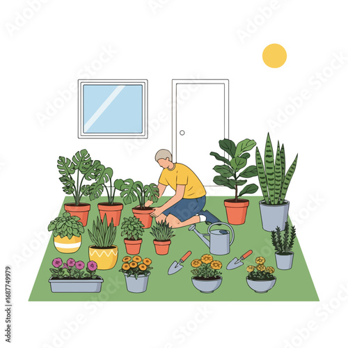 Home gardening plants in pots placed on a blanket in garden, man taking care of them. Home gardening plants hobby improves air quality and reduces stress,