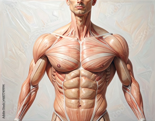 Detailed anatomical illustration of upper body musculature