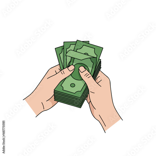 Counting cash with hands holding pile of green dollars, business concept. Counting cash reveals financial success and wealth. Metaphoric counting cash for savings, investment or profit.