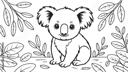 Adorable koala bear cub sitting amongst eucalyptus leaves perfect for coloring pages and childrens books