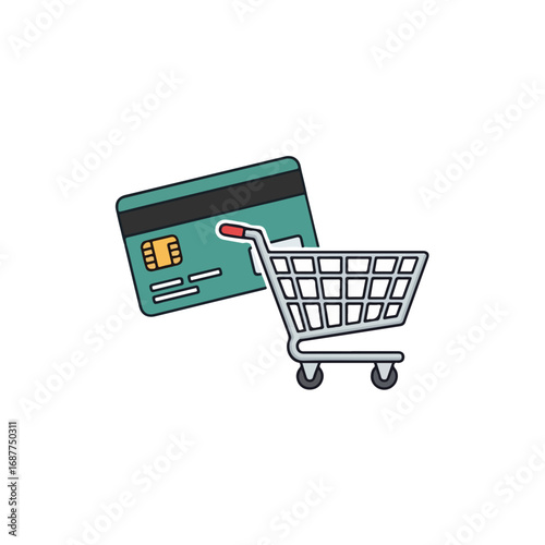 Credit card shopping with tiny shopping cart next to credit card for payments, finance or retail purchase. Credit card shopping can be so easy,