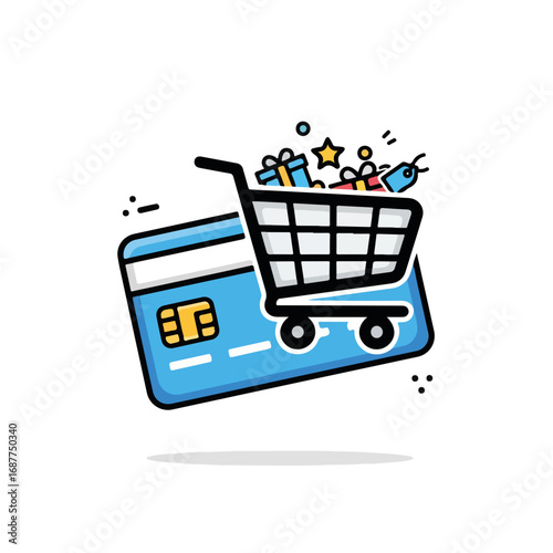 Credit card shopping illustration with a shopping cart and floating gifts, presents, and a price tag. Credit card shopping makes online purchases easy and convenient.