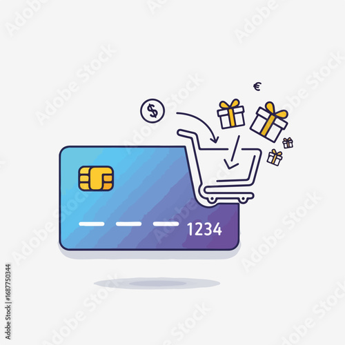 Credit card shopping illustrated with shopping cart and gifts, ready for online sales, perfect for festive season promotions. Credit card shopping is easy and convenient, making gift-giving seamless,