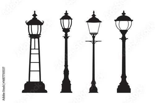 Collection of four ornate street lamp silhouettes