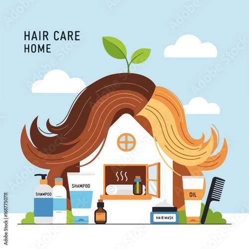 Hair care home displays products for healthy hair, showcasing shampoo and styling creams. Hair care home represents concept of beauty and self-care, emphasizing products,