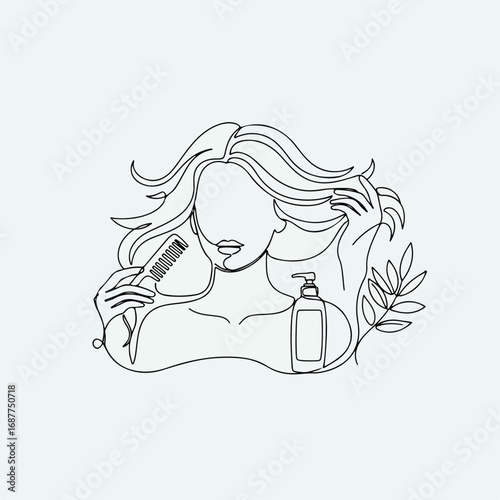 Hair care home illustration in black and white, depicting beauty and self-care concept. Hair care home routine involves a faceless woman combing her hair, emphasizing beauty and self-care.