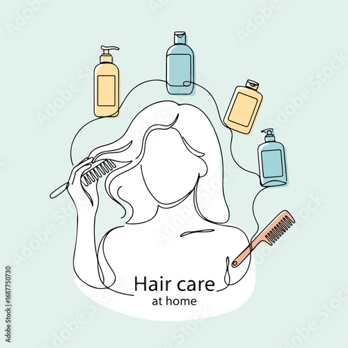 Hair care home routine shown in beauty products and self-care line art. Hair care home illustration shows woman combing hair, with various bottles around her.