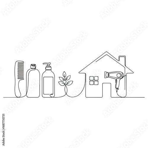 Hair care home routine with minimalist design showing comb, shampoo and dispenser. Simple hair care is a self-care task.