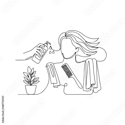 Hair care home routine portrayed with minimalistic line art, showing hand applying shampoo to flowing hair. Hair care home collection includes towel, plant, hair dryer and comb on white background.