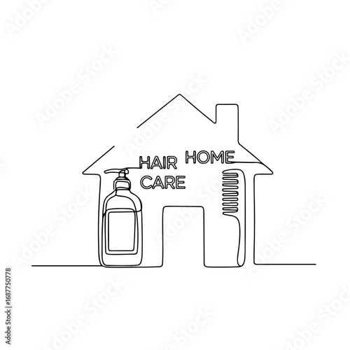 Hair care home equipment with shampoo bottle and comb near house outline, representing beauty and self-care, minimalist line art. Hair care home is essential for maintaining healthy hair,