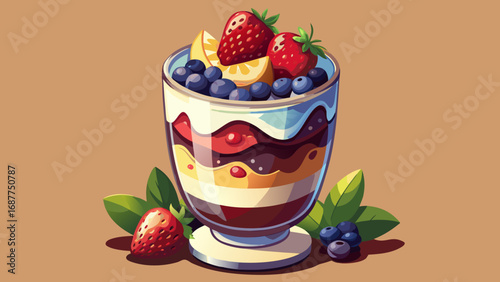 Semifreddo, half-frozen Italian dessert, layered with chocolate and berries, rests elegantly in a chilled glass. Isolated background emphasizes creamy texture, vibrant contrast, and refreshing artistr