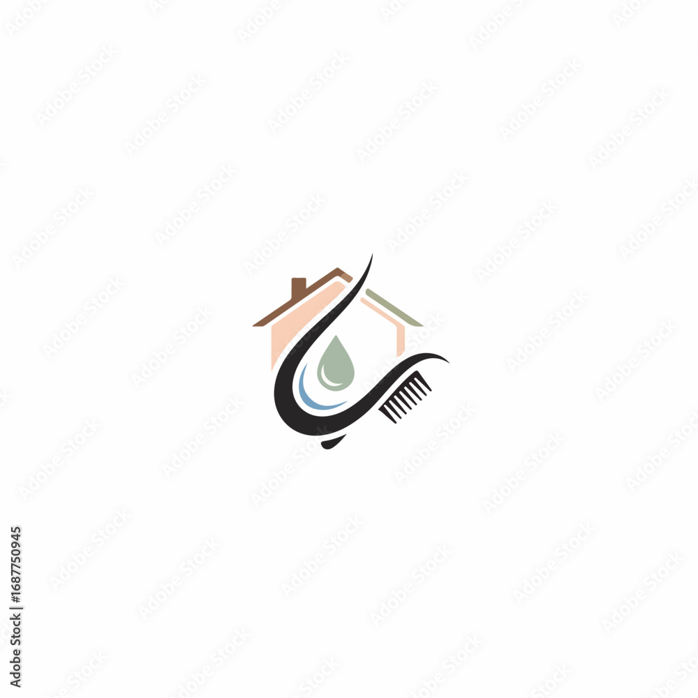 Obraz premium Beauty and self-care icon presenting hair care home with a house, water drop and comb on white backdrop. Icon beauty and self-care embodies home aesthetics.
