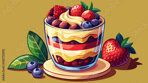 Semifreddo, half-frozen Italian dessert, layered with chocolate and berries, rests elegantly in a chilled glass. Isolated background emphasizes creamy texture, vibrant contrast, and refreshing artistr