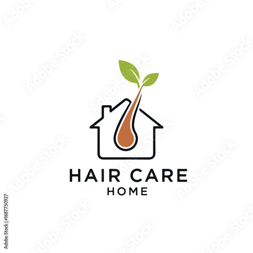 Hair care home features line art of house with growing strand, showcasing beauty and self-care. Hair care home products for daily beauty ritual, with home indicating natural elements.