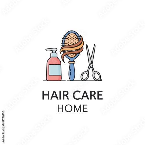 Presenting hair care home illustration, featuring hairbrush, shampoo and scissors on white backdrop. This hair care home set of essentials evokes feelings of comfort and relaxation.
