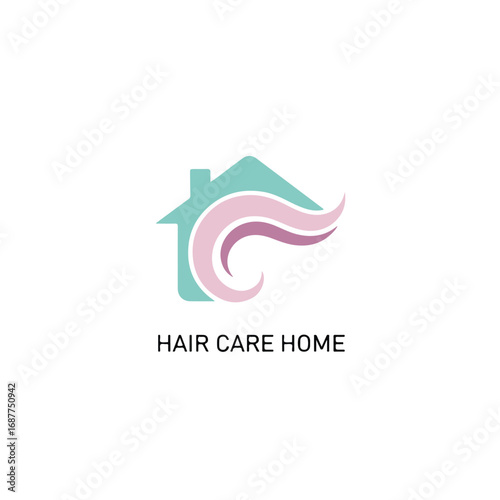 Hair care home logo showcases stylized home with a flowing hair strand, symbolizing beauty and self-care.