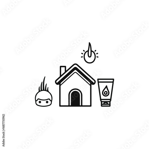 Hair care home treatment items displayed in a simple line icon style. Home hair care includes products and settings represented with an isolated line drawing.