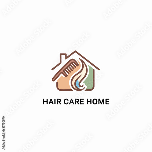 Hair care home logo with comb inside stylized house shape to present business related to beauty and self-care, especially for hair care home services, promoting healthy shiny locks.
