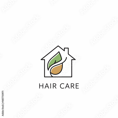 Hair care home logo displaying a house outline with a leaf nestled within signifies natural beauty, this hair care home graphic evokes self-care and simple elegance,