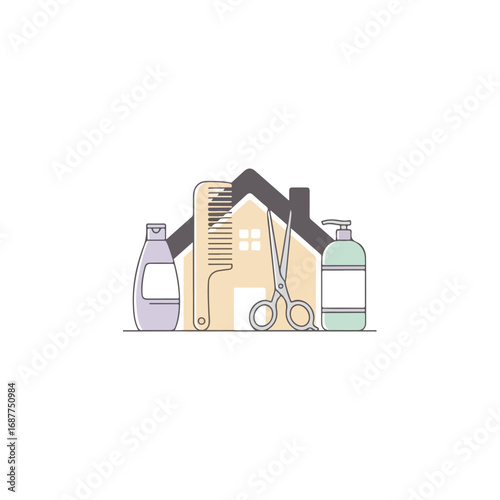 Hair care home concept features shampoo bottle, comb, and scissors in a minimal design. This hair care home image shows implements for personal care and grooming, evoking self care, wellness,