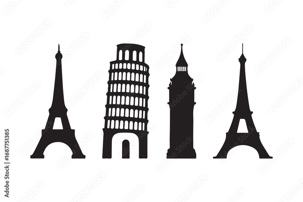 Obraz premium Iconic landmarks silhouette collection featuring eiffel tower and leaning tower of pisa