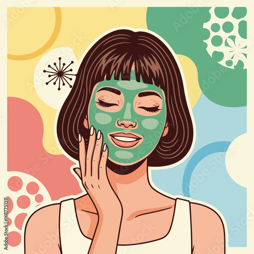 Face mask woman applies nourishing product, enhancing beauty and self-care. Bright portrait face mask woman shows self care with natural cosmetics for youthful skin. Emphasizing beauty and self-care,
