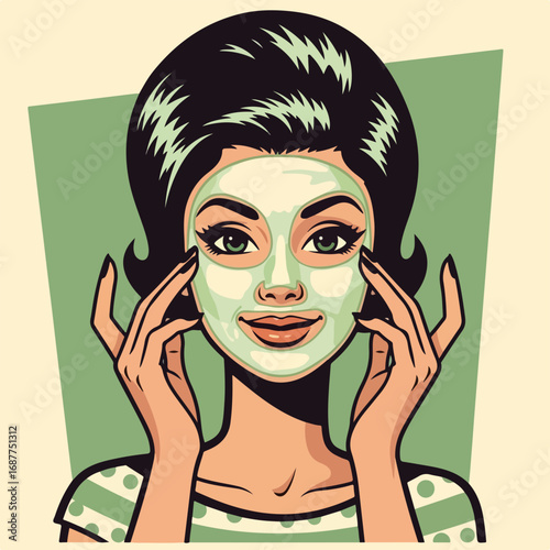 Face mask woman applies cosmetic product to face, enjoying beauty and self-care, depicting beauty and self-care routine. face mask woman is an essential beauty ritual. Showing beauty and self-care,