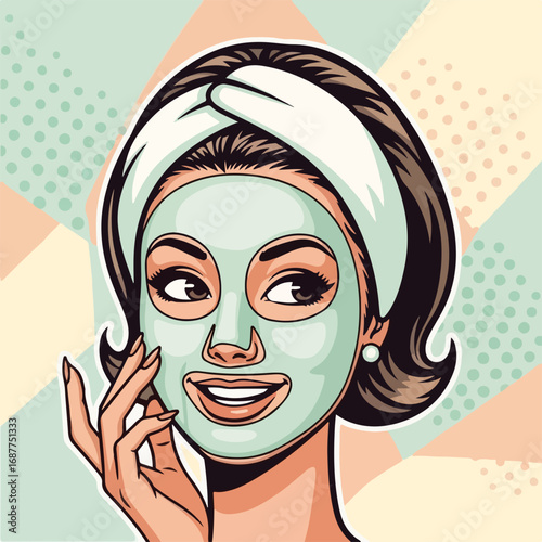 Face mask woman applies treatment for beauty and self-care, showing retro style beauty. Face mask woman using facial mask, skin cleansing and care.
