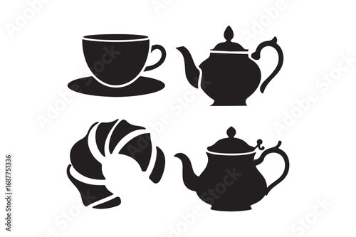 Black silhouette icons of tea time and pastries