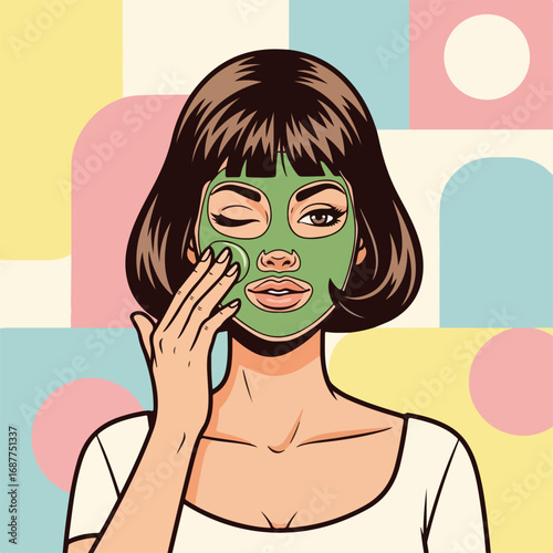 Face mask woman applies natural cosmetic treatment, promoting beauty and self-care. Face mask treatment includes application by hand of fresh organic herbs and therapeutic clay,