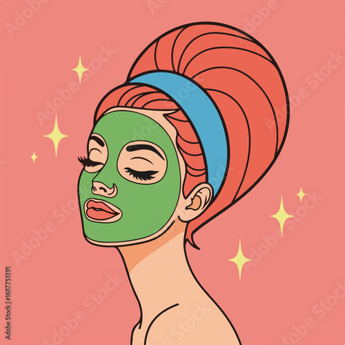 Woman applying green face mask. Skincare routine includes face mask for beauty and self care.  Relaxing spa treatment for healthy skin.