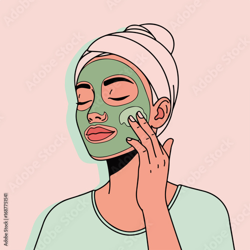 Face mask woman applies skincare routine, enjoying beauty treatment at home. Woman using face mask for skincare routine, relaxing with eye closed and towel on her head, in the morning.