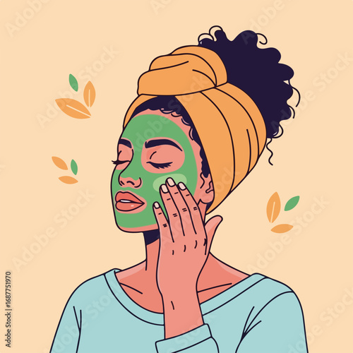 face mask woman applying green skincare product to her face, with eyes closed and soft expression. face mask woman is part of her self care skincare routine, enjoying facial.
