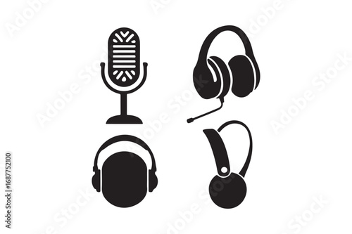Collection of vintage microphone and modern headphone icons