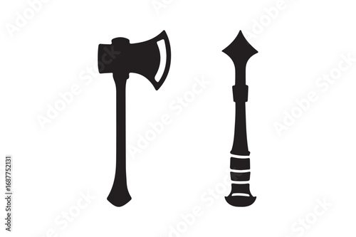 Silhouette of a battle axe and a mace on a white background