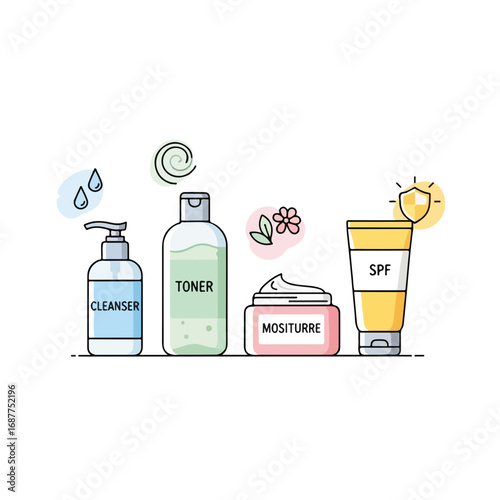 Skincare routine with cleanser, toner, moisturizer, and SPF in organized lineup. Skincare routine includes essential beauty products for healthy skin and sun protection in cute design.