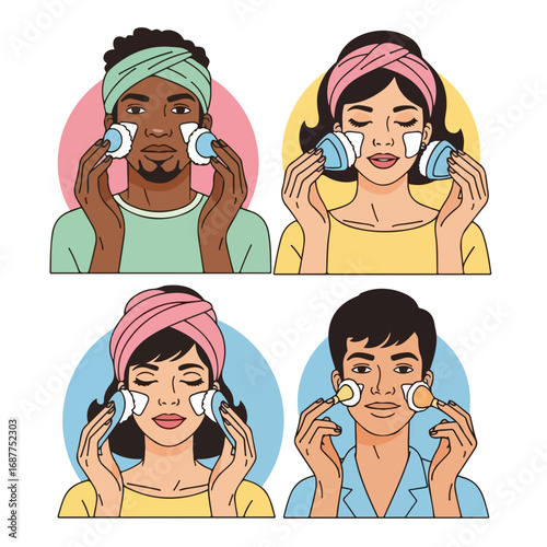 Skincare routine for various ethnic groups shows people cleaning their face. Skincare routine for diverse people includes using cotton pads with lotion and headband.