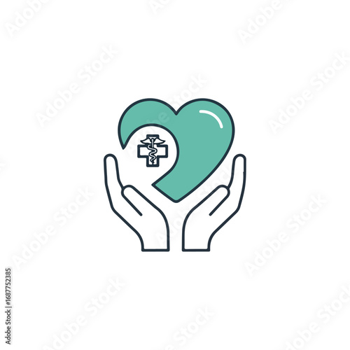 Illustrated hands holding heart depicting donation, representing healthcare and charity. Graphic hands carefully hold heart and medical symbol, showcasing support and contribution.