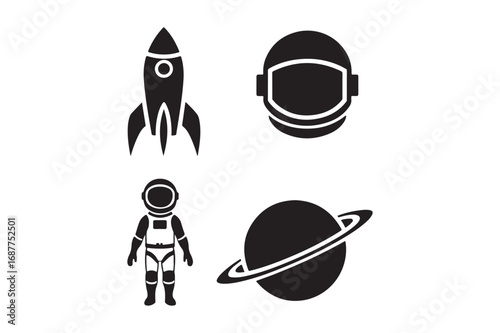 Simple black icons of space exploration elements