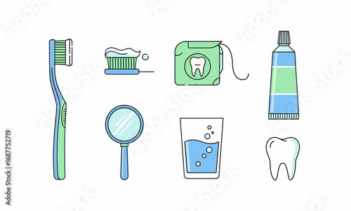 Colorful line art dental hygiene collection featuring toothbrush, toothpaste, floss, magnifying glass, water glass, and tooth.