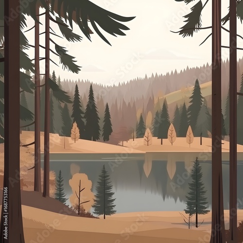 Serene Autumn Lake in Coniferous Forest, Calm Nature Landscape