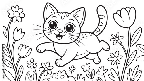 Adorable cartoon kitten playing happily in a spring garden filled with flowers