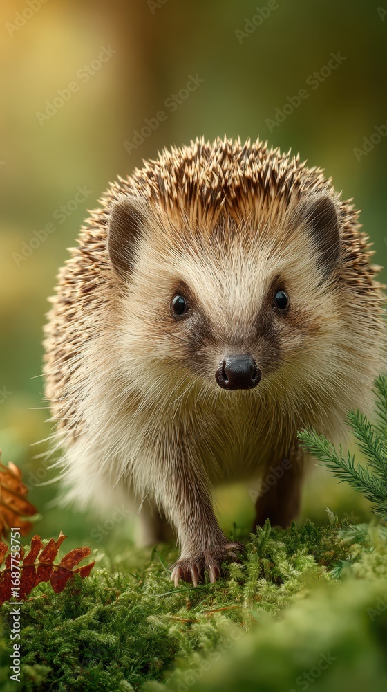 Fototapeta premium Hedgehog exploring a lush green forest floor during a sunny afternoon in springtime
