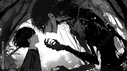 Boy and demon monster Horror scene, black and white Anime
