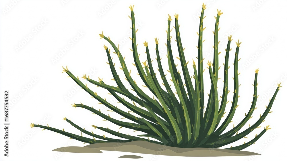 Fototapeta premium Illustration of a green pencil cactus plant with many stems and small yellow flowers.