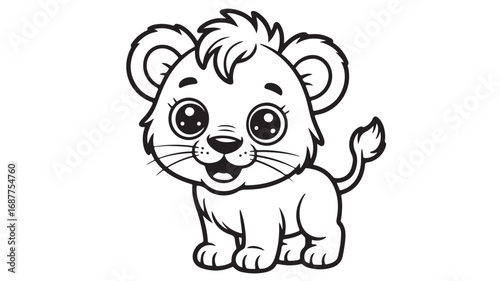 Adorable Cartoon Lion Cub, Line Art, Coloring Page